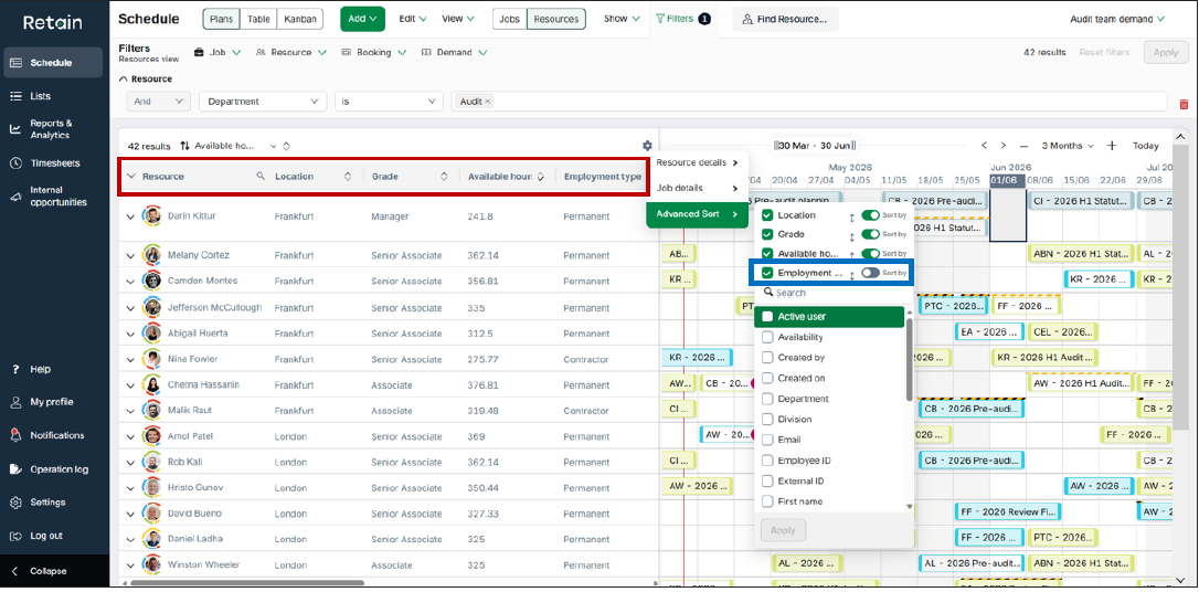 Resource planning advanced sorting