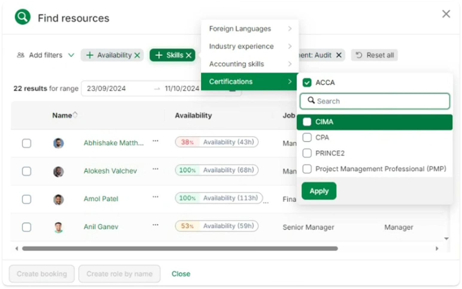 Skills based resource management for professional services