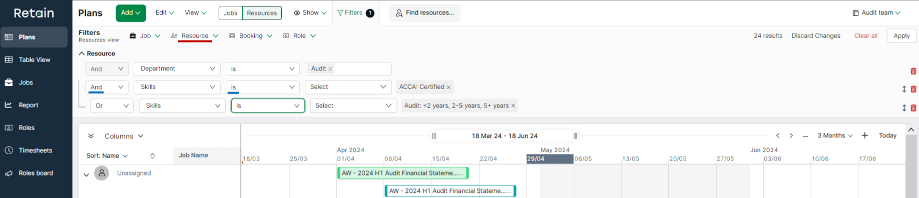 Resource planning advanced filtering example