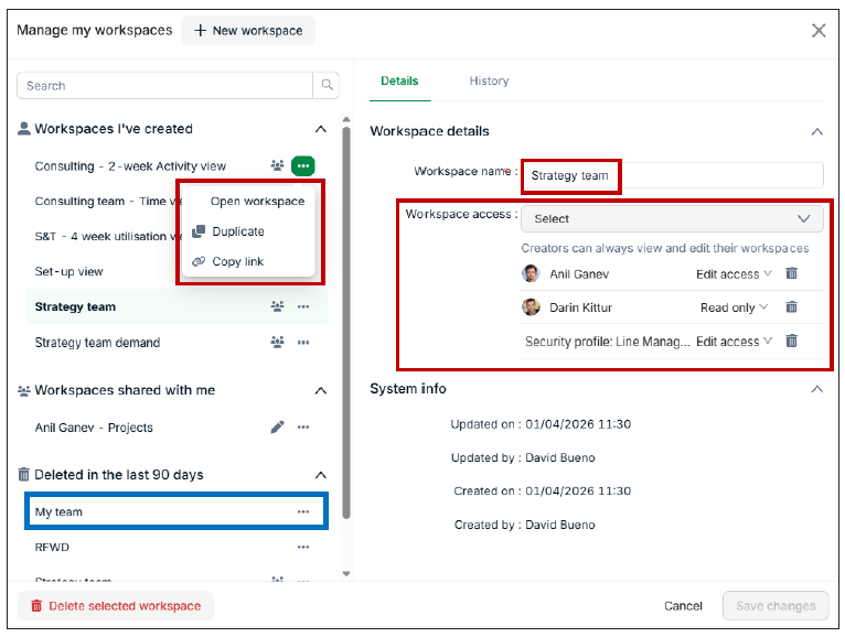Resource management workspace sharing