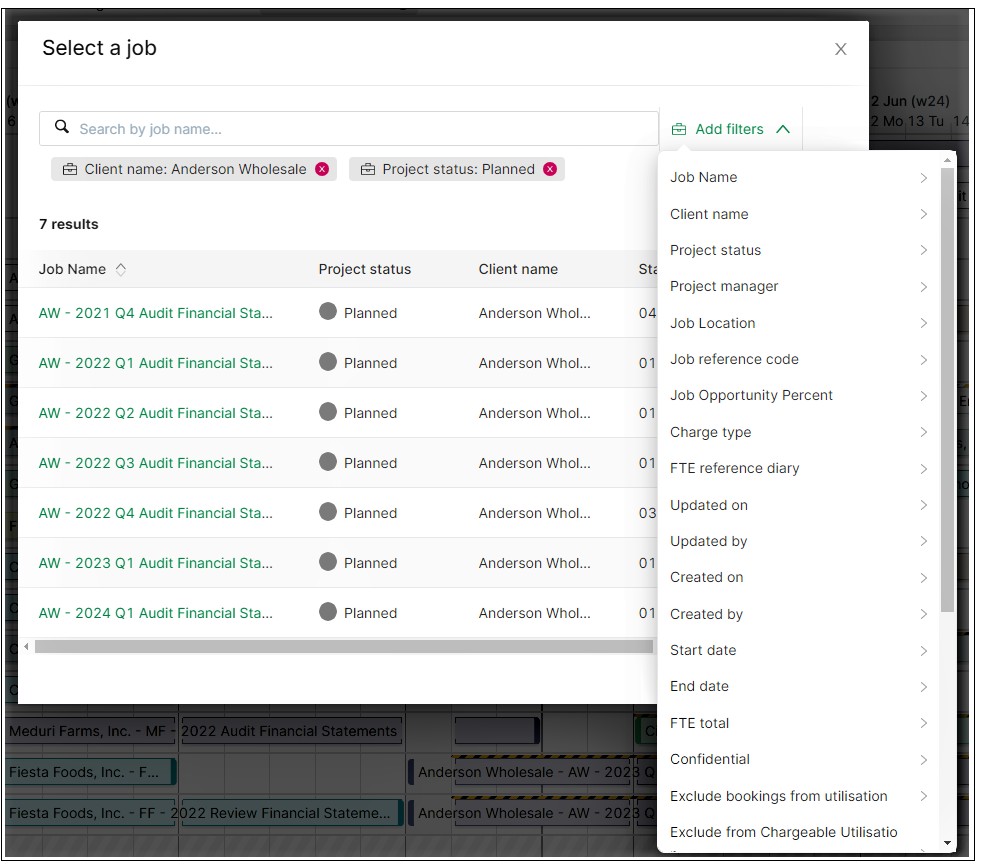 Job filter on booking creation