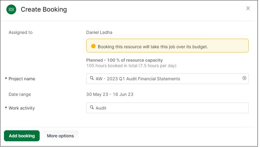 Over budget warning on booking creation