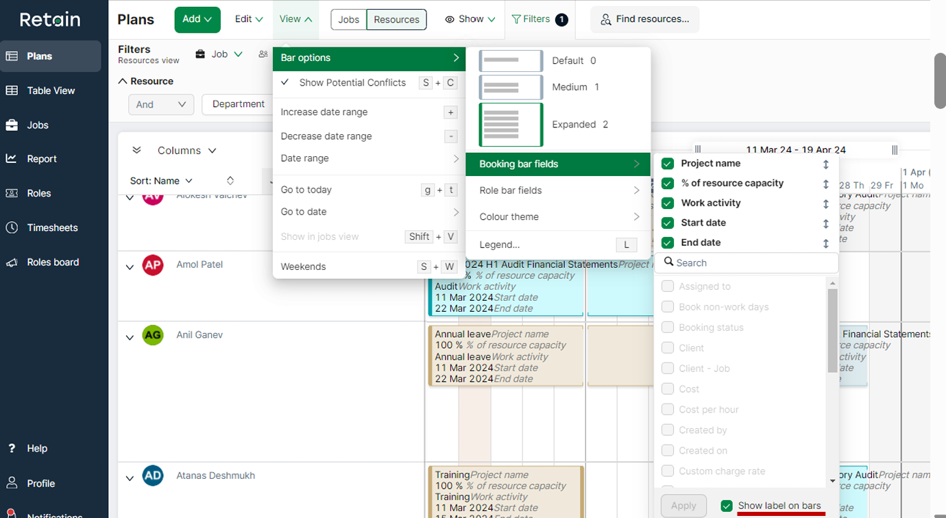 Retain 1.20 screenshot – booking and role bar