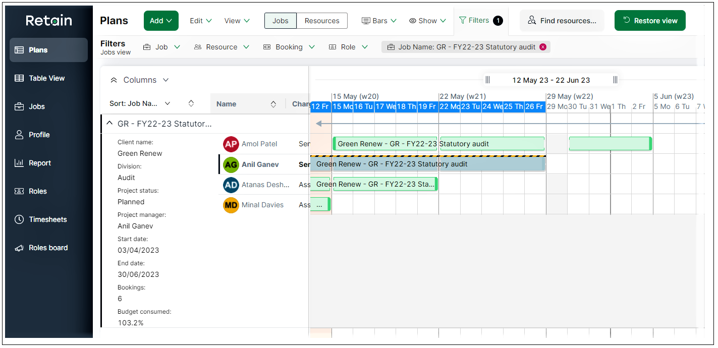 The job view is now filtered by one project