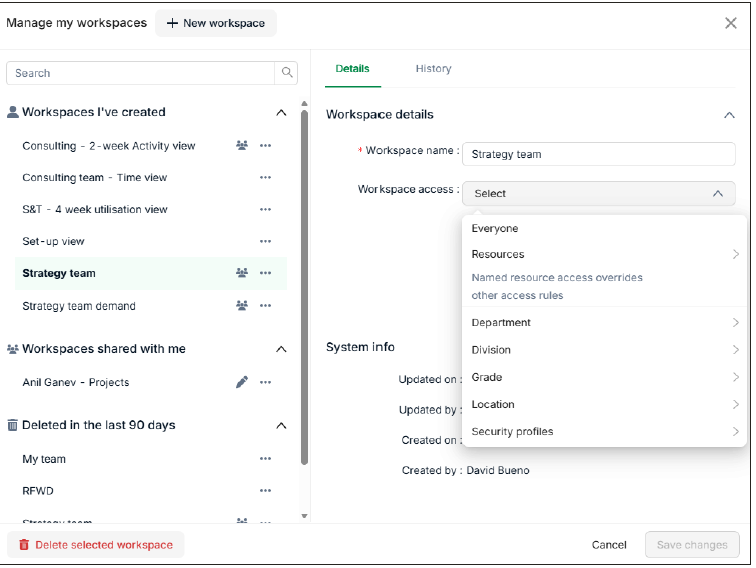 Resource planning workspace management